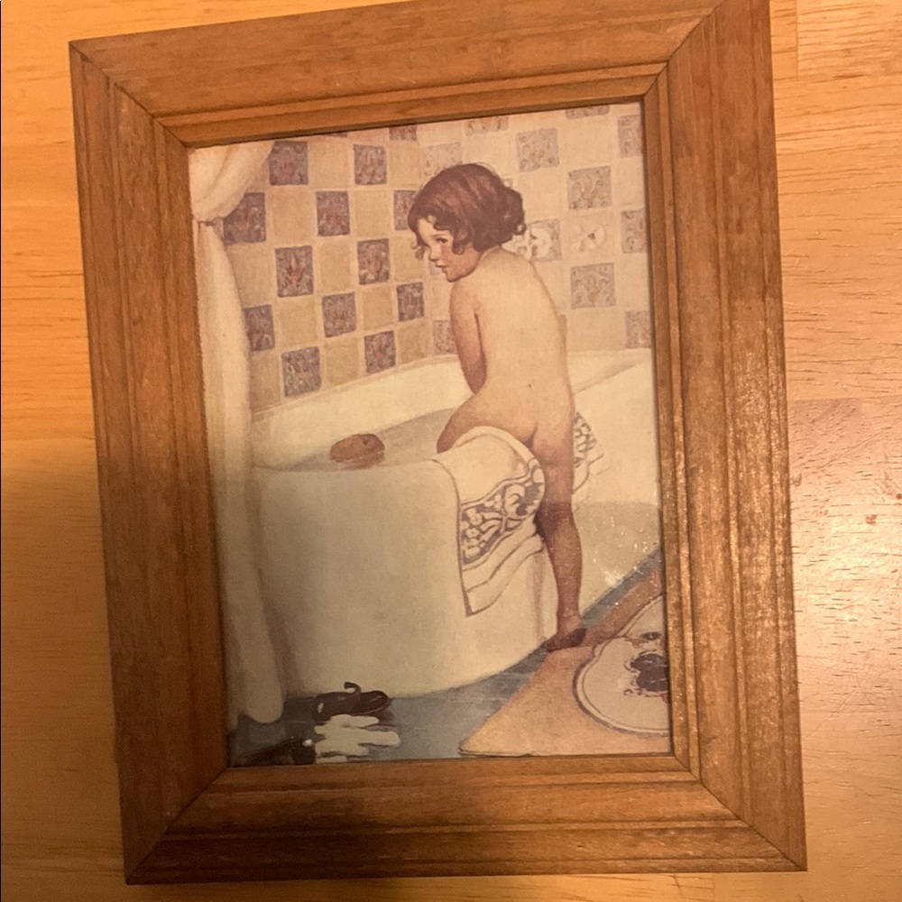 Vintage Framed Bathing Child Print